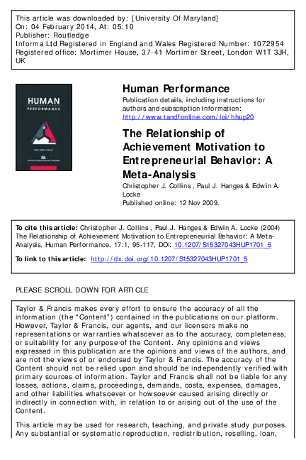 (PDF) The Relationship of Achievement Motivation to Entrepreneurial ...