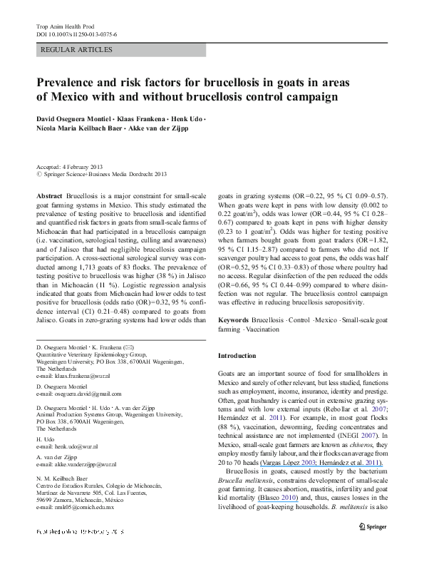 (PDF) Prevalence and risk factors for brucellosis in goats in areas of ...