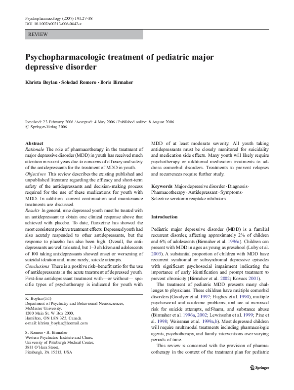 (PDF) Psychopharmacologic treatment of pediatric major depressive disorder