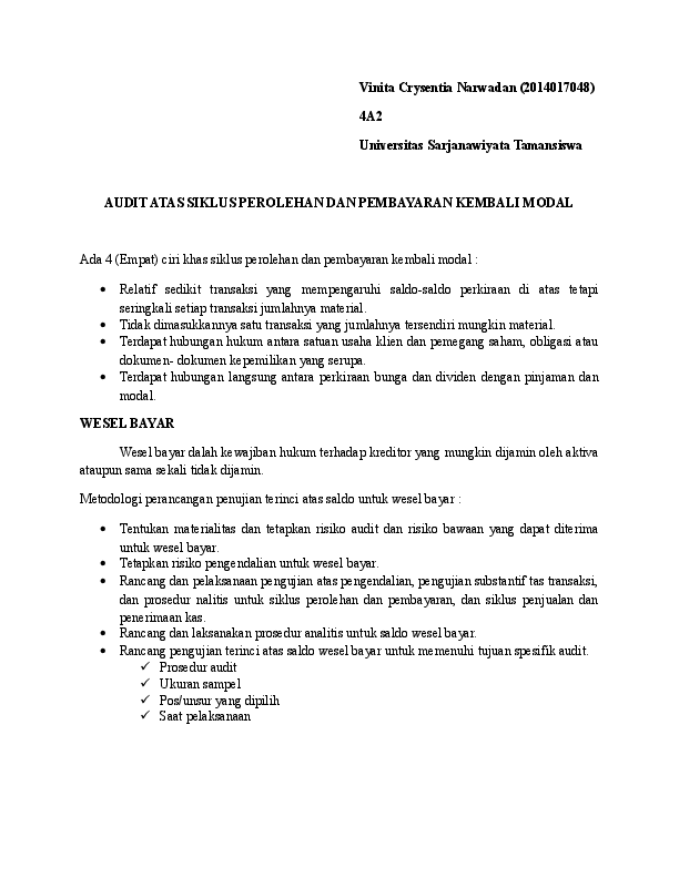 Doc Audit Atas Siklus Perolehan Dan Pembayaran Kembali Modal Vinita Narwadan Academia Edu
