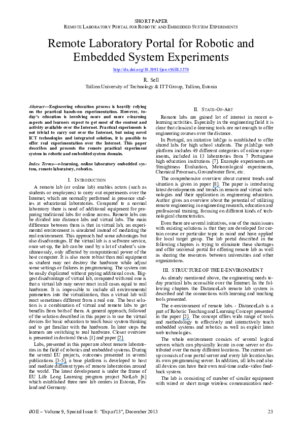 (PDF) Remote Laboratory Portal for Robotic and Embedded System Experiments