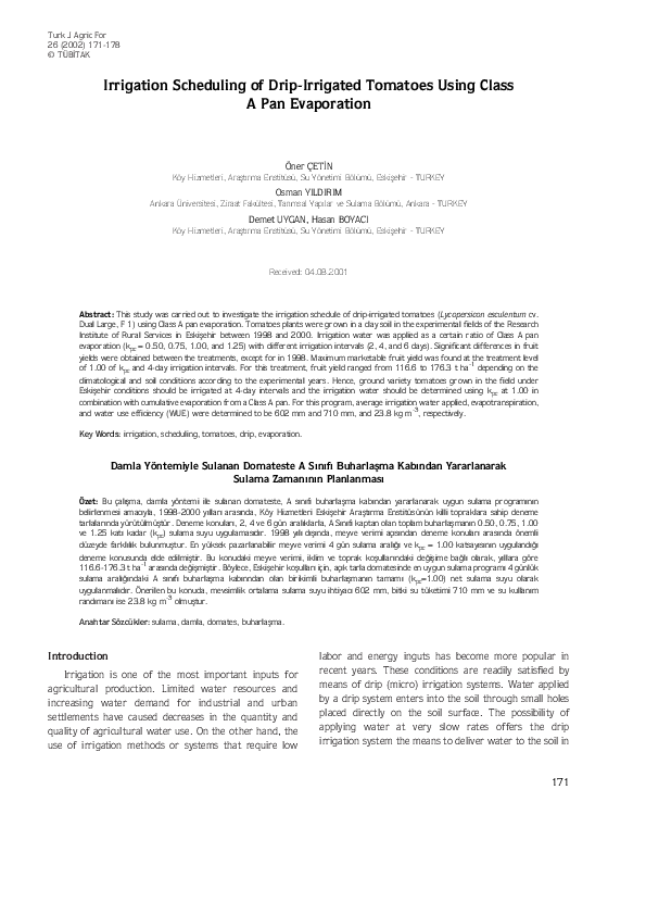 (PDF) Irrigation Scheduling of DripIrrigated Tomato Using Class A Pan