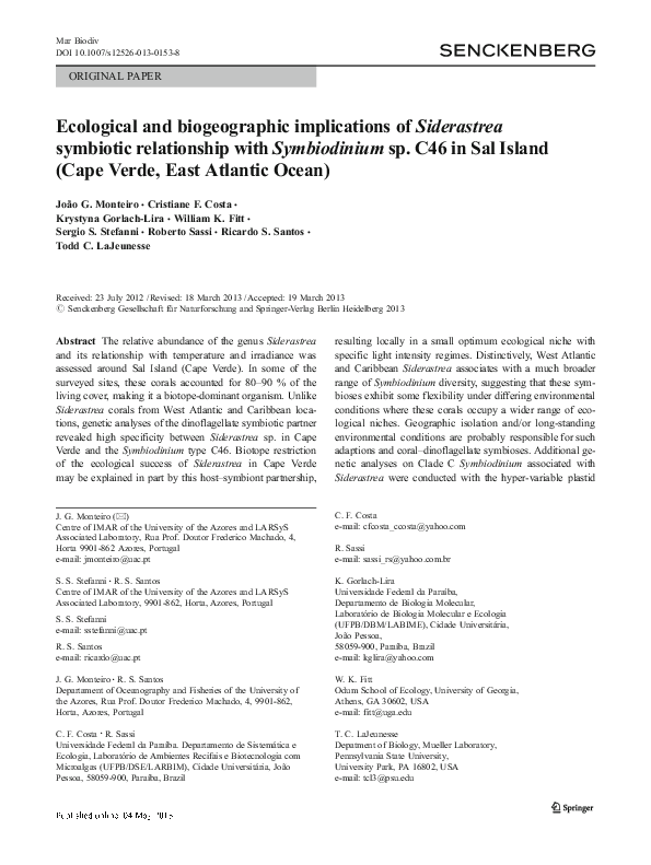 Pdf Ecological And Biogeographic Implications Of Siderastrea Symbiotic Relationship With Symbiodinium Sp C46 In Sal Island Cape Verde East Atlantic Ocean Sergio Stefanni Academia Edu