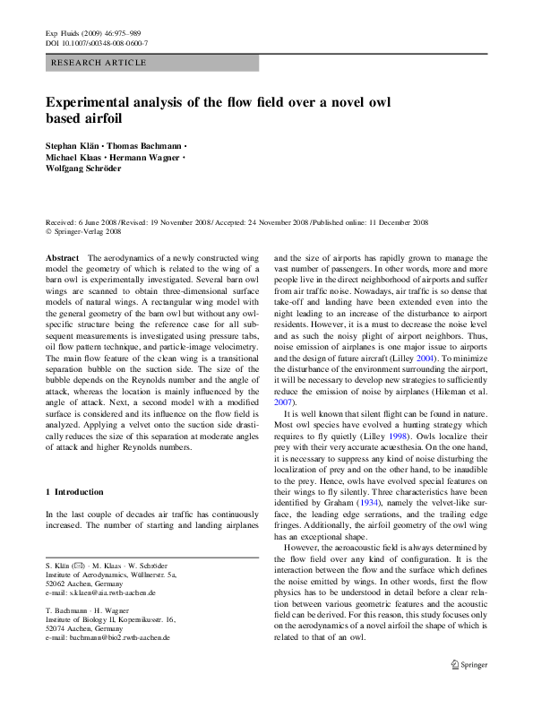 (PDF) Experimental analysis of the flow field over a novel owl based ...