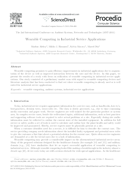 (PDF) Wearable Computing in Industrial Service Applications Markus
