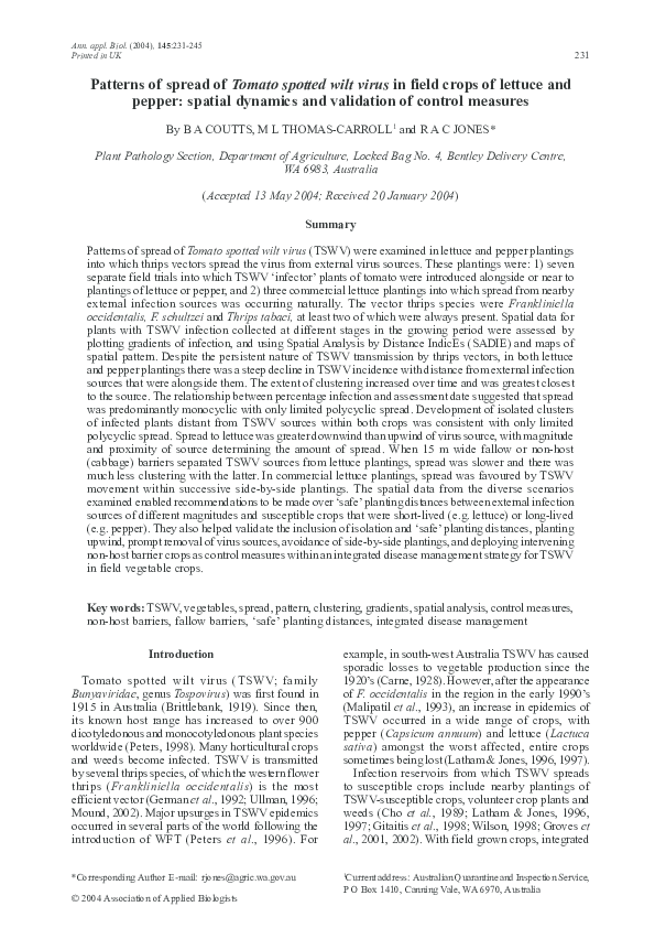 (PDF) Patterns of spread of Tomato spotted wilt virus in field crops of ...