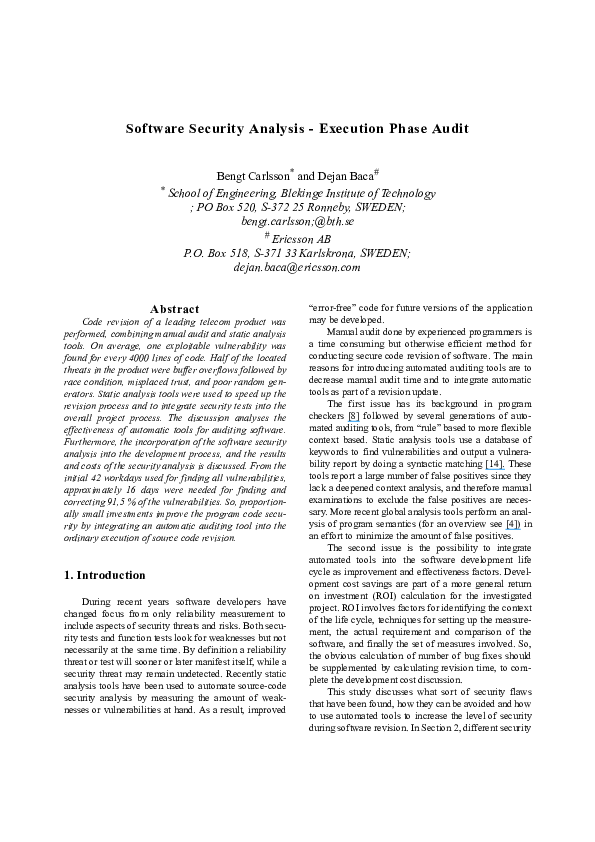 (PDF) Software Security Analysis - Execution Phase Audit