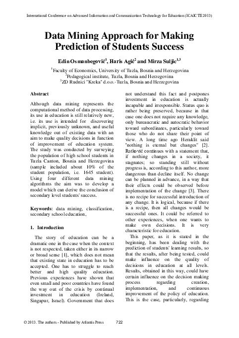 (PDF) Data Mining Approach for Making Prediction of Students Success