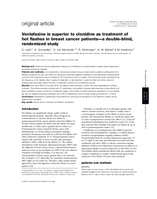 (PDF) Venlafaxine is superior to clonidine as treatment of hot flashes