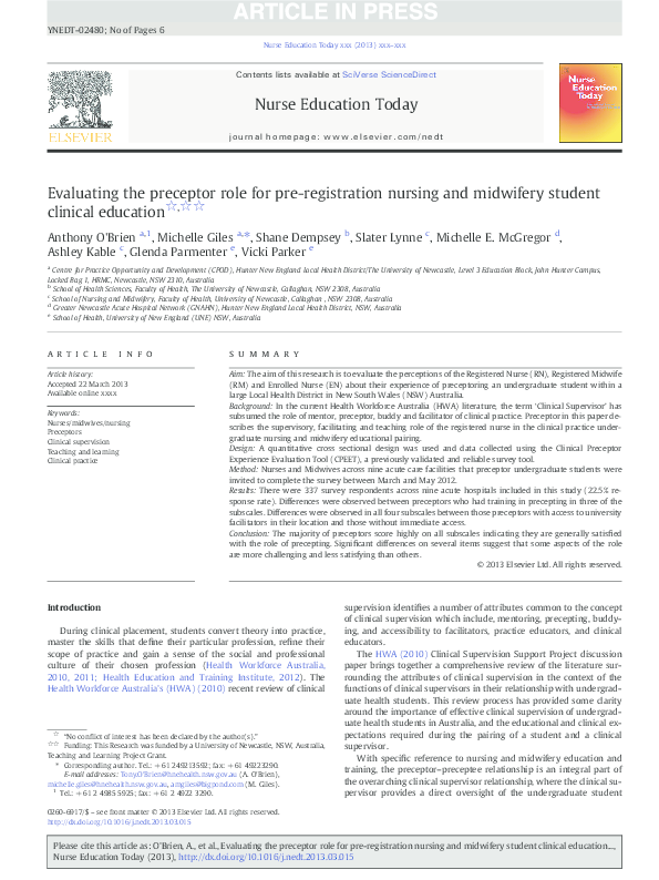 (PDF) Evaluating the preceptor role for pre-registration nursing and ...