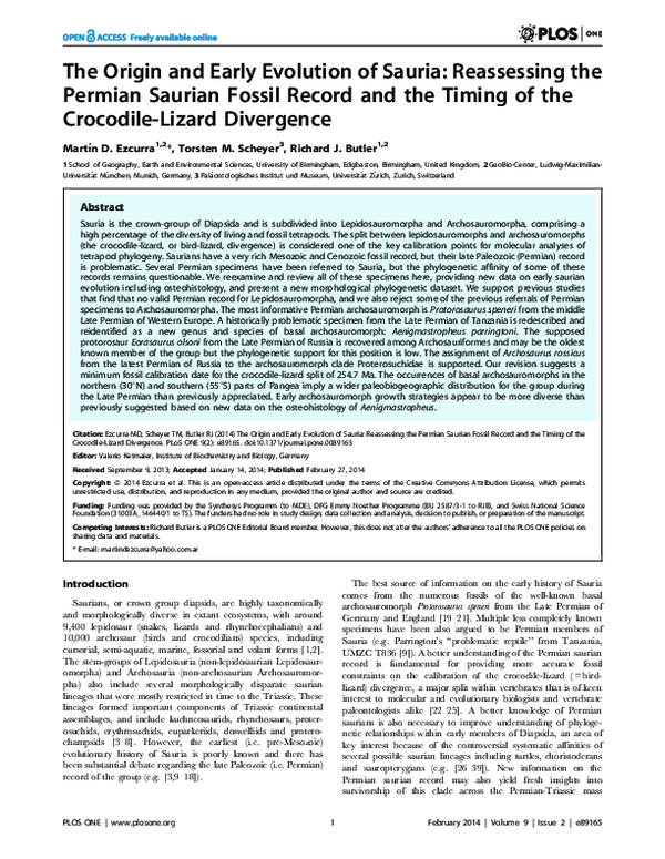 (PDF) The Origin and Early Evolution of Sauria: Reassessing the Permian ...