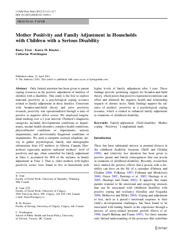 (PDF) Mother Positivity and Family Adjustment in Households with Children with a Serious