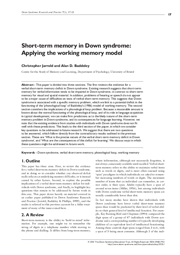(PDF) Shortterm memory in Down syndrome Applying the working memory