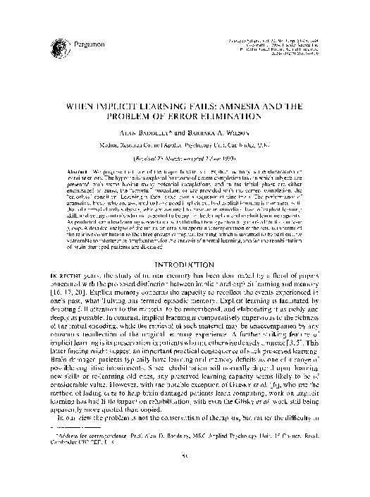 (PDF) When implicit learning fails: Amnesia and the problem of error ...