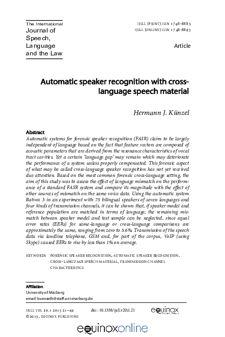 (PDF) Automatic speaker recognition with cross- language speech material