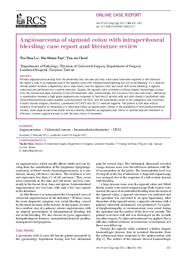 (PDF) Angiosarcoma of sigmoid colon with intraperitoneal bleeding: case ...