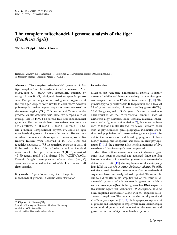 (PDF) The complete mitochondrial genome analysis of the tiger (Panthera ...