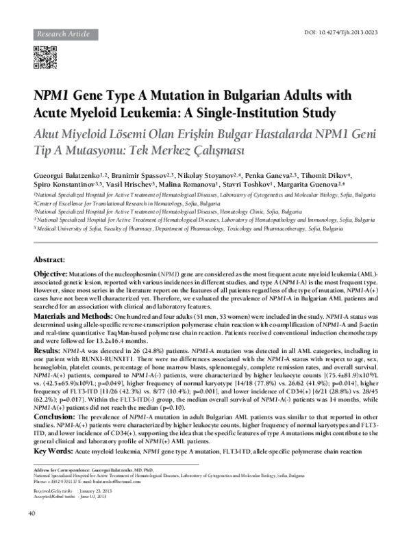 (PDF) NPM1 Gene Type A Mutation in Bulgarian Adults with Acute Myeloid ...