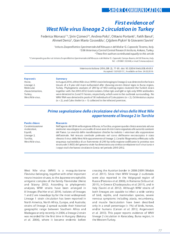 (PDF) First evidence of West Nile virus lineage 2 circulation in Turkey