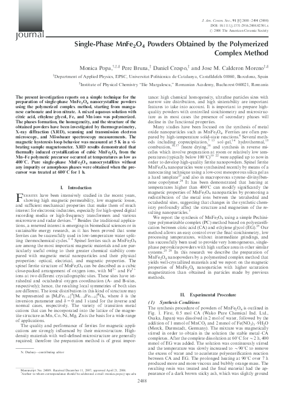 (PDF) Single-Phase MnFe 2 O 4 Powders Obtained by the Polymerized ...