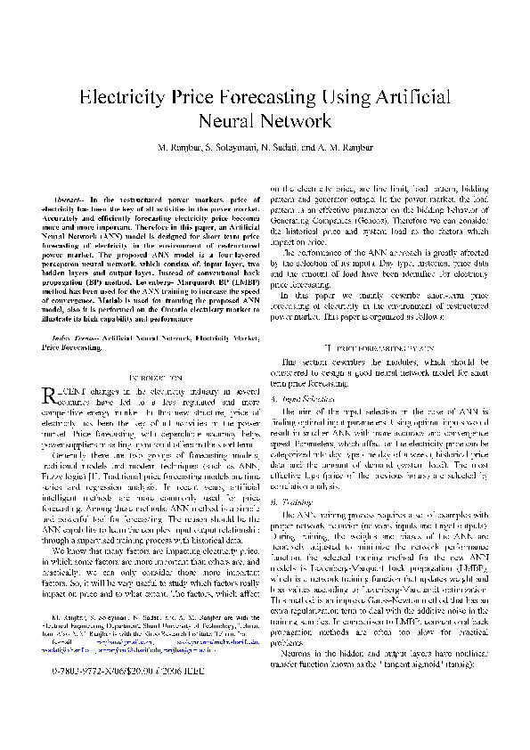 (PDF) Electricity Price Forecasting Using Artificial Neural Network