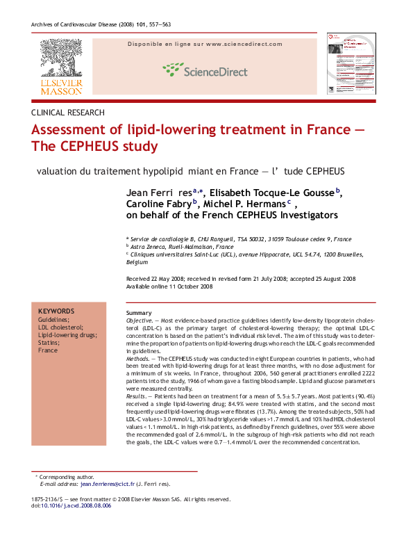 (PDF) Assessment of lipid-lowering treatment in France – The CEPHEUS study