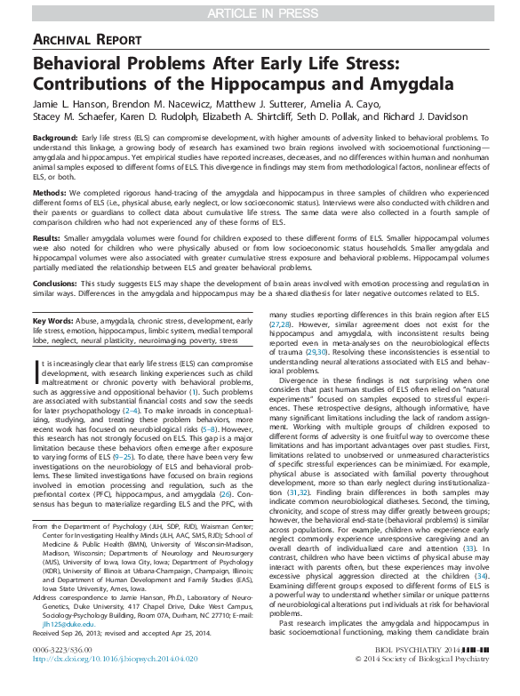 (PDF) Behavioral Problems After Early Life Stress: Contributions of the ...