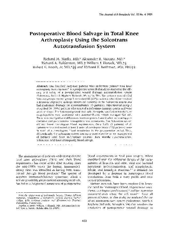 (PDF) Postoperative blood salvage in total knee arthroplasty using the ...