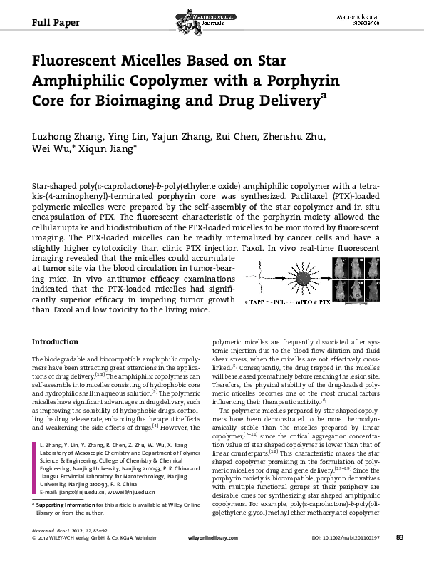 (PDF) Fluorescent Micelles Based on Star Amphiphilic Copolymer with a ...