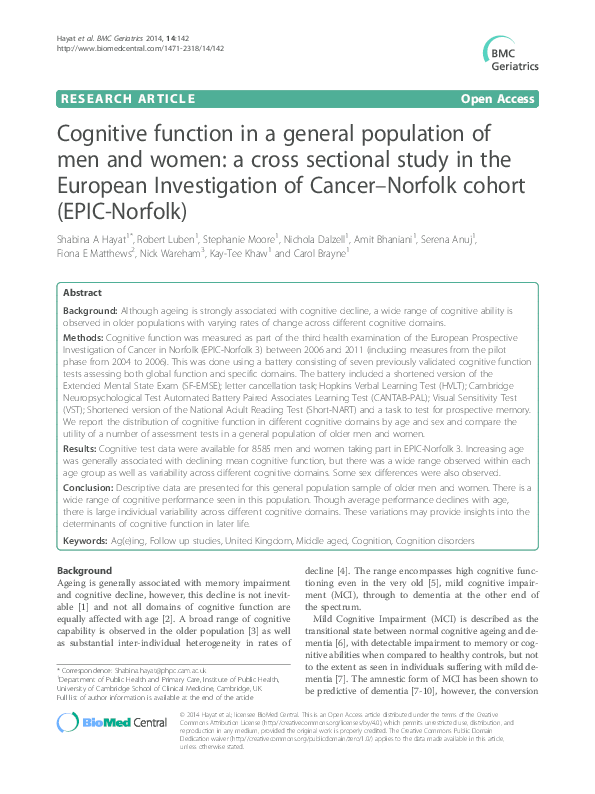 (PDF) Cognitive function in a general population of men and women: a ...