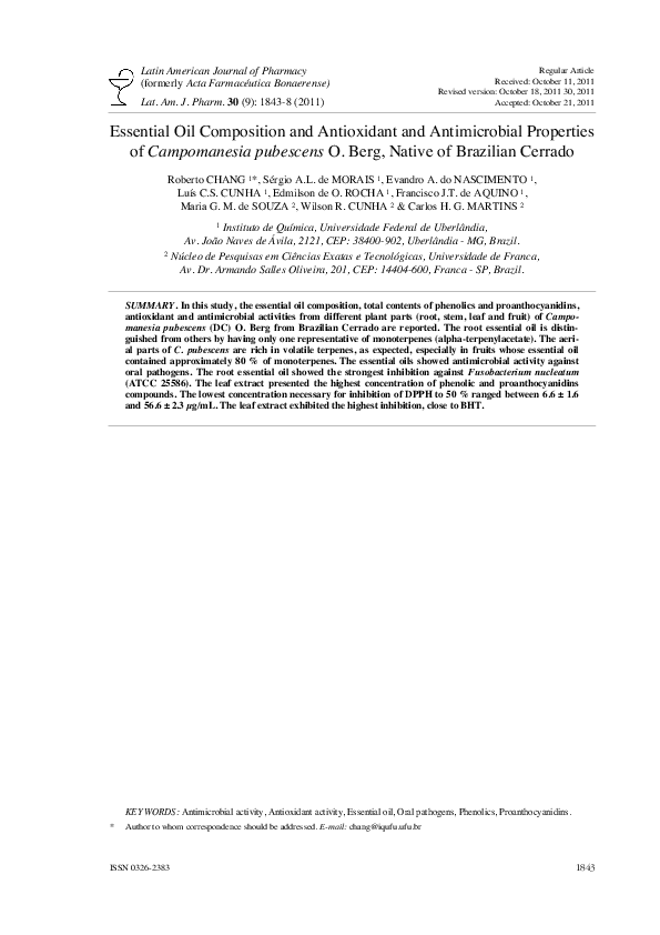 Pdf Essential Oil Composition And Antioxidant And Antimicrobial Properties Of Campomanesia Pubescens O Berg Native Of Brazilian Cerrado Carlos Henrique Gomes Martins Francisco Jose T O R R E S D E