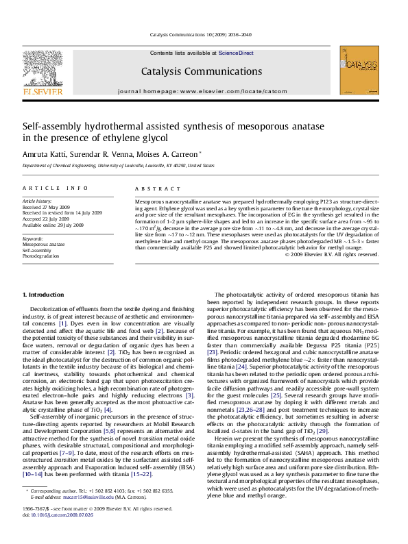 (PDF) Self-assembly hydrothermal assisted synthesis of mesoporous ...