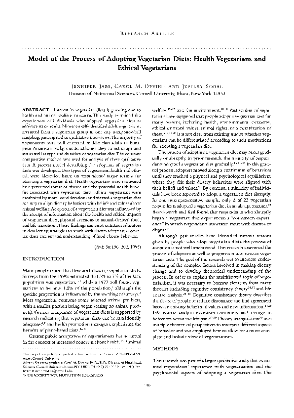 (PDF) Model of the Process of Adopting Vegetarian Diets Health Vegetarians and Ethical