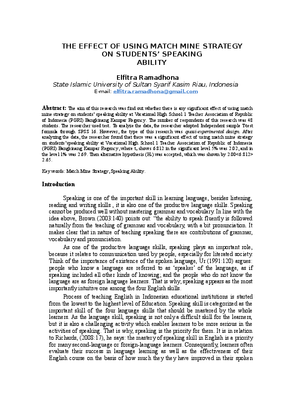 (DOC) THE EFFECT OF USING MATCH MINE STRATEGY ON STUDENTS' SPEAKING ABILITY