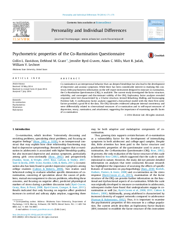 (PDF) Psychometric properties of the CoRumination Questionnaire