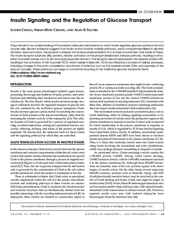 (PDF) Insulin signaling and the regulation of glucose transport