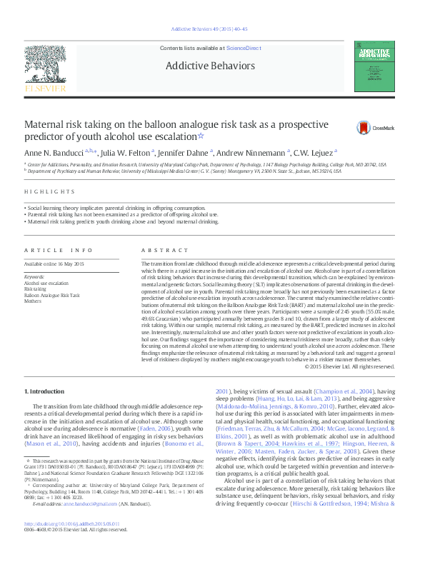 (PDF) Maternal risk taking on the balloon analogue risk task as a ...