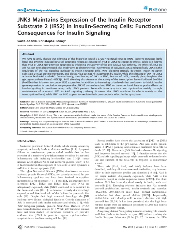 (PDF) JNK3 Maintains Expression of the Insulin Receptor Substrate 2 ...