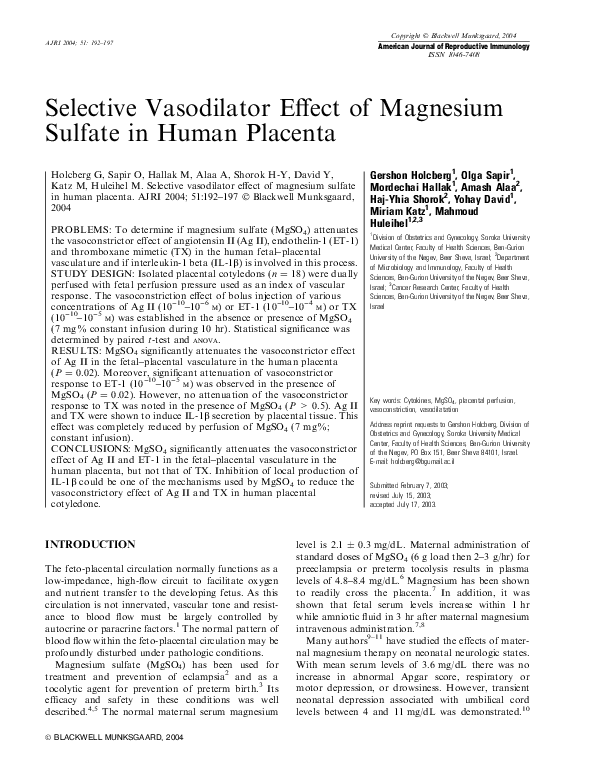 (PDF) Selective Vasodilator Effect of Magnesium Sulfate in Human