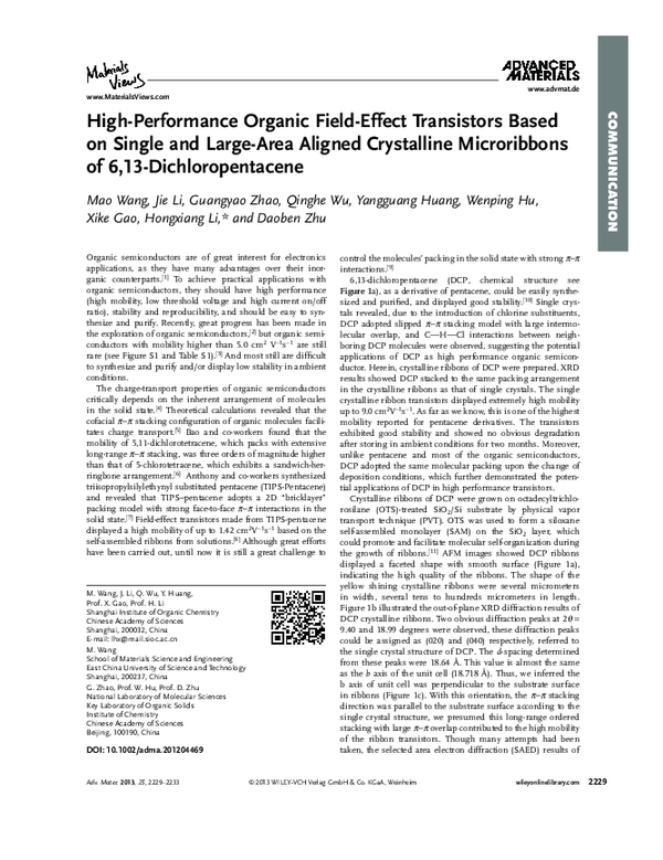 (PDF) High-Performance Organic Field-Effect Transistors Based on Single ...