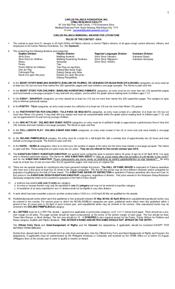 (PDF) PALANCA AWARDS 2016 RULES FINAL