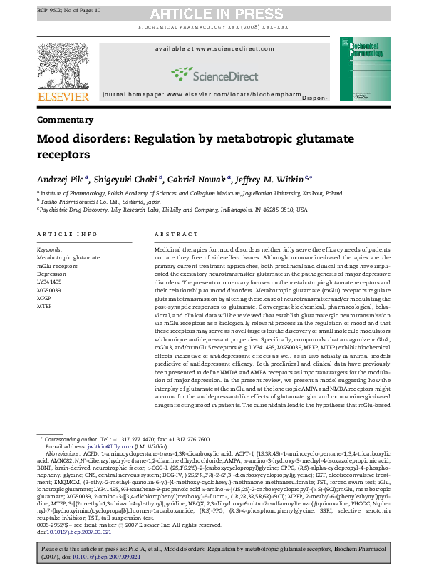 (PDF) Mood disorders: Regulation by metabotropic glutamate receptors