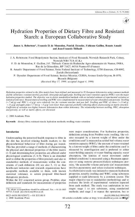 Pdf Hydration Properties Of Dietary Fibre And Resistant - 