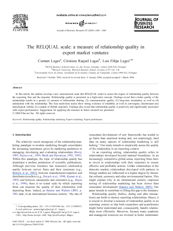 (PDF) The RELQUAL scale: a measure of relationship quality in export ...