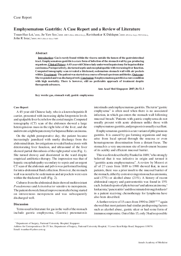 (PDF) Emphysematous gastritis a case report and a review of literature