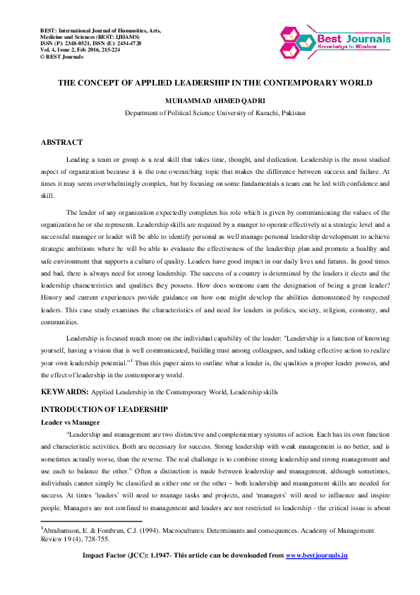(PDF) THE CONCEPT OF APPLIED LEADERSHIP IN THE CONTEMPORARY WORLD ...