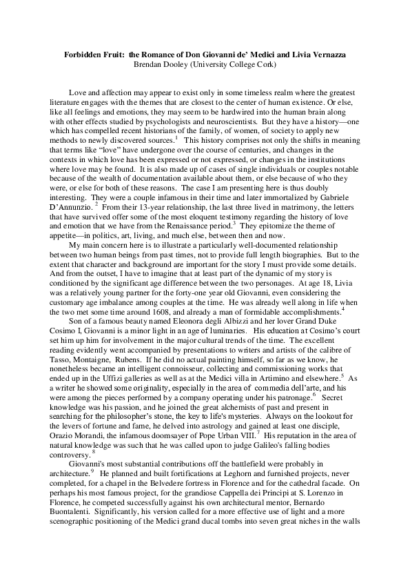 “Forbidden Fruit:  the Romance of Don Giovanni de’ Medici and Livia Vernazza,” conference on Florence:  City of Many Appetites, Florence University of the Arts, 8th and 9th November 2013