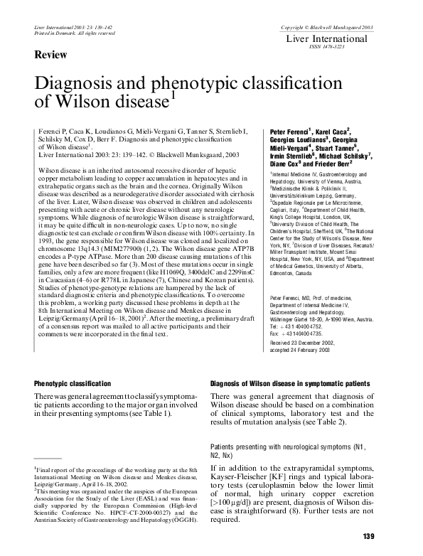 (PDF) Diagnosis and phenotypic classification of Wilson disease1