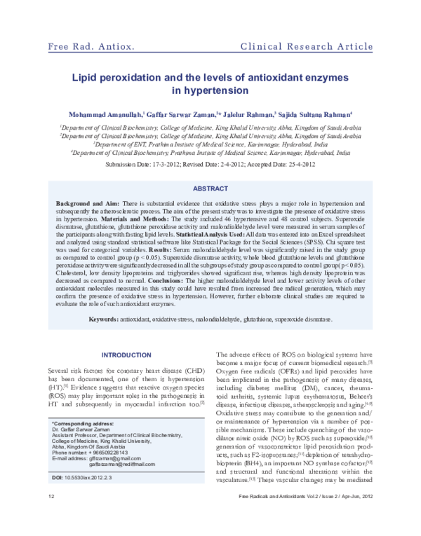 (PDF) Lipid peroxidation the levels of antioxidant enzymes in hypertension