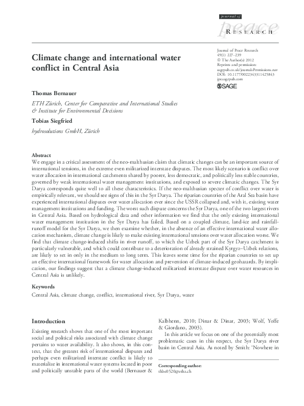 (PDF) Climate change and international water conflict in Central Asia